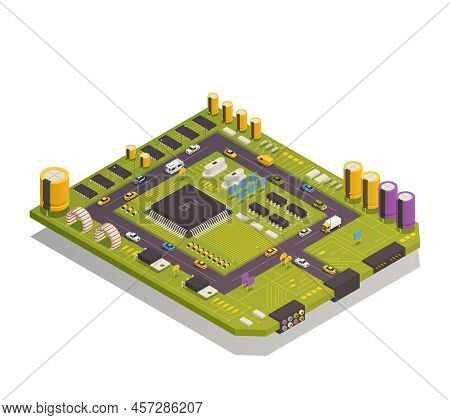 Semiconductor Electronic Components Assembled On Circuit Board As City Buildings Streets Traffic Ele