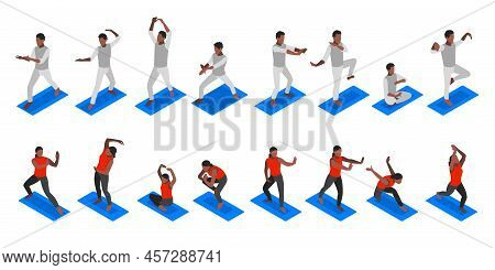 World Tai Chi And Qigong Day Isometric Icons Set With Practicing Men And Women Isolated Vector Illus