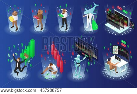 Trading Isometric Set With Finance And Market Rise Symbols Isolated Vector Illustration