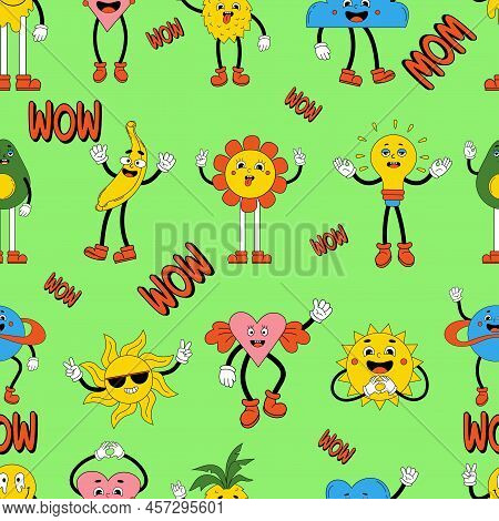 Retro Psychedelic Seamless Patterns, Groovy Backgrounds. Vector Hippy Pattern With 70s, 80s Vibes Gr