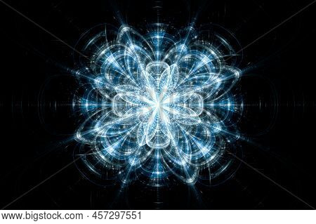Computer Generated Abstract Illustration Fractal Crystal Blue Flower Wall  Pattern, Kaleidoscope Des