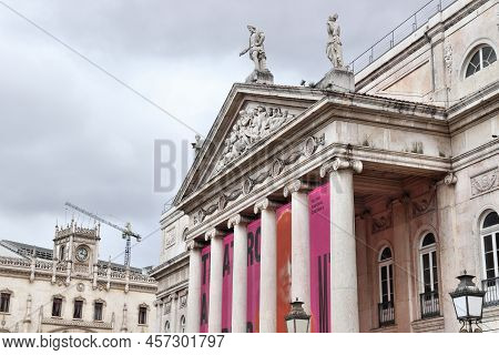 Lisbon, Portugal - June 4, 2018: Street View Of Queen Maria Ii National Theatre (portuguese: Teatro 