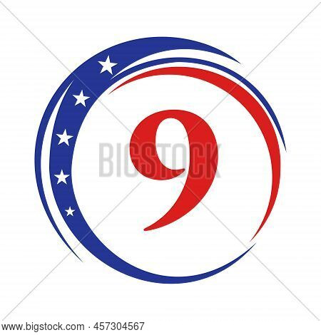 Letter 9 America Logo Usa Flag. Patriotic American Logo Design On Letter 9 Template