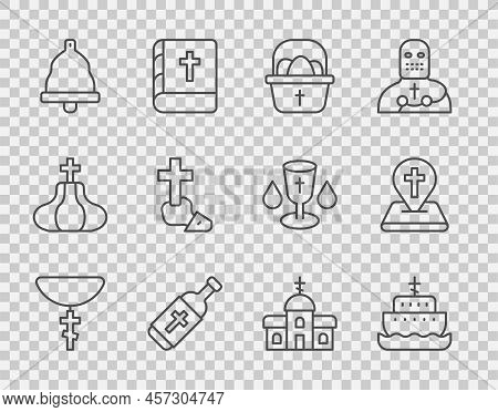 Set Line Christian Cross On Chain, Ark Of Noah, Basket With Easter Eggs, Holy Water Bottle, Church B