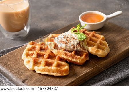 Trendy Breakfast With Croffles And Morning Coffee. Croissant As Waffle.