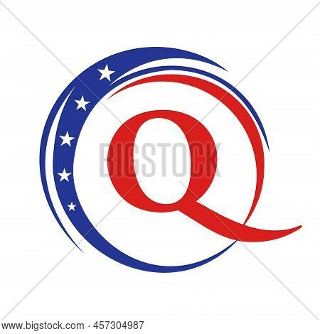 Letter Q America Logo Usa Flag. Patriotic American Logo Design On Letter Q Template