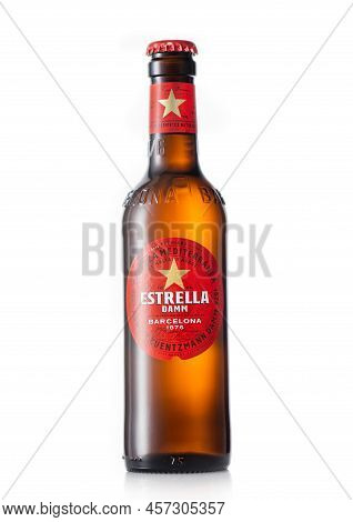 London,uk - May 29, 2022: Bottle Of Estrella Lager Beer From Barcelona On White.