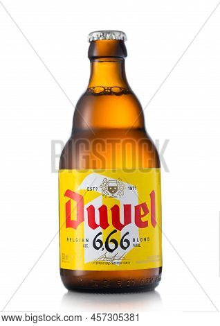 London,uk - June 02, 2022: Bottle Of Duvel 666 Belgian Blond Beer On White.