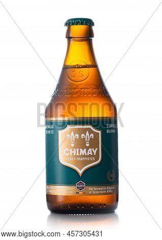 London,uk - June 01, 2022: Strong Blond Chimay Lager Ale Beer On White. Popular Beer From Belgium.