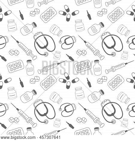 Medical Pattern With The Image Of A Syringe Stethoscope Pills