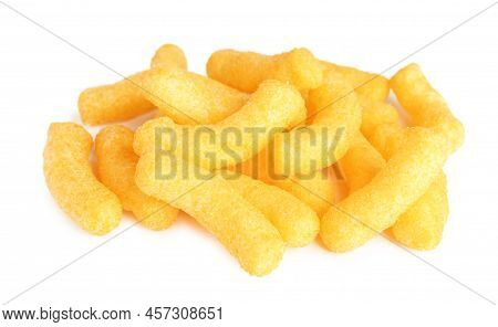 Many Tasty Cheesy Corn Puffs Isolated On White