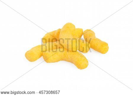 Many Tasty Cheesy Corn Puffs Isolated On White