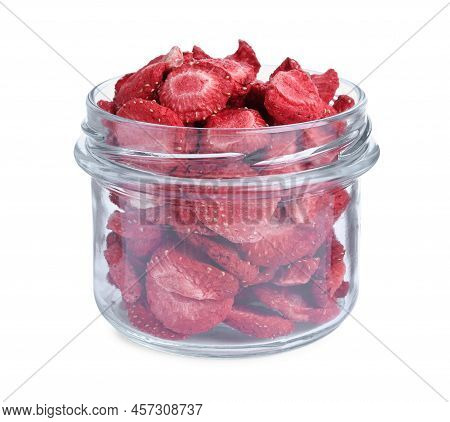 Freeze Dried Strawberries In Glass Jar On White Background
