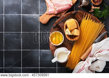 Ingredients For Pasta Carbonara. Traidtional Italian Pasta Carbonara Ingredients Bacon, Spaghetti, P