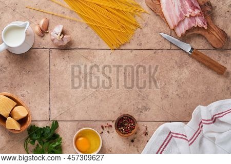 Ingredients For Pasta Carbonara. Traidtional Italian Pasta Carbonara Ingredients Bacon, Spaghetti, P