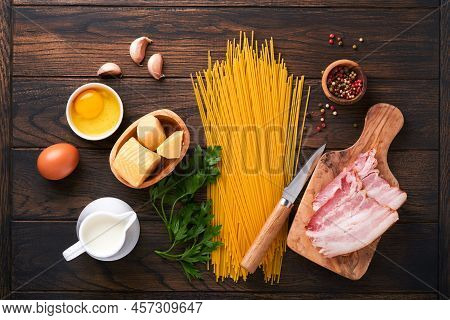 Ingredients For Pasta Carbonara. Traidtional Italian Pasta Carbonara Ingredients Bacon, Spaghetti, P