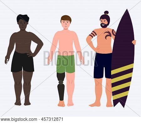 Men In Swimsuites. T-man, Boy With Surf And Boy With Prosthetic. Vector Illustration In Flat Style