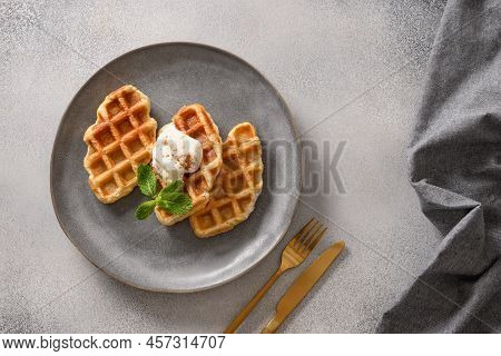 Trendy Delicious Breakfast With Croffles On A White Background. Croissant As Waffle.