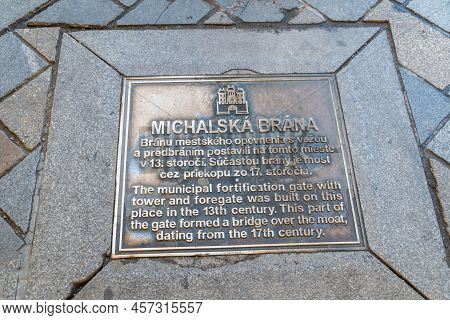 Bratislava, Slovakia - May 31, 2022: Street Plaque With Information About Michael's Gate (slovak: Mi