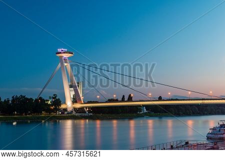 Bratislava, Slovakia - May 31, 2022: Bratislava Snp Bridge With Ufo Observation Point At Night.