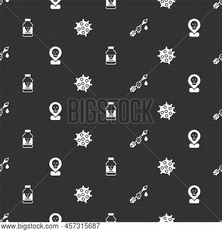 Set Poison On The Arrow, Radioactive In Location, Poisoned Pill And Bacteria On Seamless Pattern. Ve