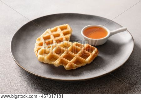 Breakfast With Croffles On Gray Background. Croissant As Waffle.