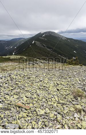 Gorhany Stones Mountain Hill Covered With Yellow Moss And Lichen, Syvulya Mountain In Carpathians, U