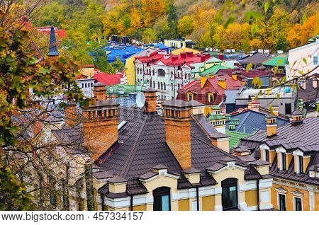 Aerial Landscape View Of Colorful Roof Tops Of Buildings In Modern Vozdvizhenka Neighborhood In Kyiv