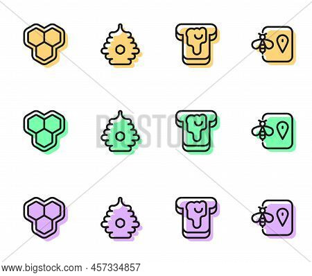 Set Line Bread With Honey, Honeycomb, Hive For Bees And Bee Location Icon. Vector