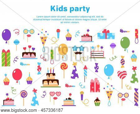 Kids Birthday Party Web Page Template With Text Space On White Background. Festive Party Elements Pr
