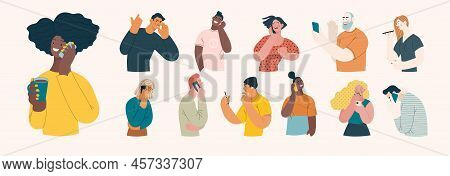 People Portraits -talking On The Phone -modern Flat Vector Concept Illustrations Of Man And Women Of