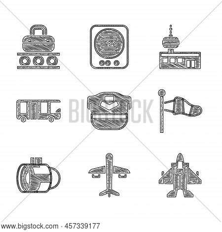 Set Pilot Hat, Plane, Jet Fighter, Cone Meteorology Windsock, Engine Turbine, Airport Bus, Control T
