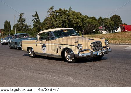 Forlimpopoli, Fc, Italy - June 16, 2022: Vintage American Car Studebaker Golden Hawk (1956) Runs In 