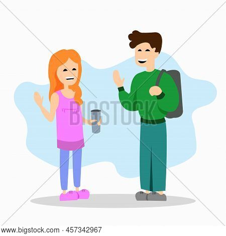 Woman And Man Concept.  A Man And A Woman Greet Each Other When They Meet. Illustration In A Flat St
