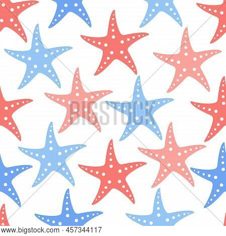 Red And Blue Star Fish On White Vector Seamless Repeating Pattern Abstract Background Texture Tile I