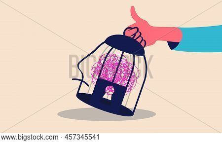 Brain Cage Mental Stress And Human Depression And Head Nervous Imagination Vector Illustration. Cons