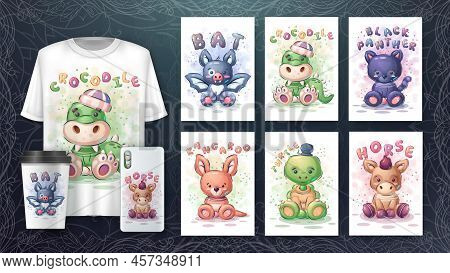 Cartoon Character Adorable Set Animals, Pretty Zoo Idea For Print T-shirt, Poster And Kids Envelope,