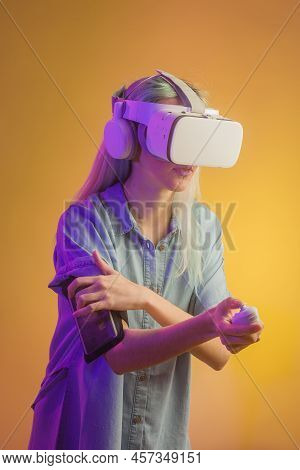 Metaverse Virtual Reality. Woman And Technology. Futuristic Cyberpunk Feminism Concept. Hispanic