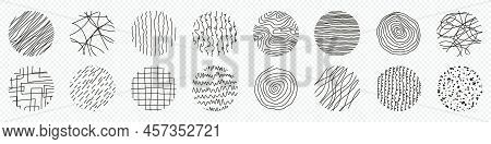 Set Of Round Abstract Patterns. Hand Drawn Doodle Shapes. Spots, Curves, Lines. Vector Illustration.