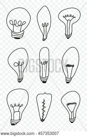 Light Bulbs Doodle Border. Creative Light Bulbs Doodle Collection. Vector Illustration