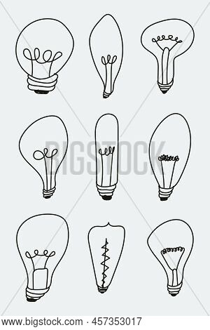 Light Bulbs Doodle Border. Creative Light Bulbs Doodle Collection. Vector Illustration