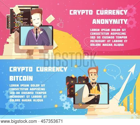 Cryptocurrency Horizontal Banners With Anonymous Proprietor Of Digital Currency And Equipment For Bi