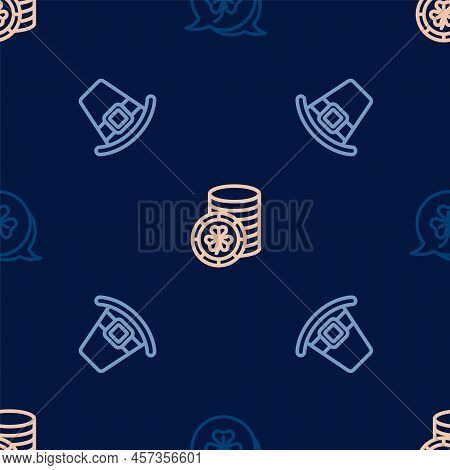 Set Line Clover Trefoil Leaf, Leprechaun Hat And Golden Leprechaun Coin On Seamless Pattern. Vector