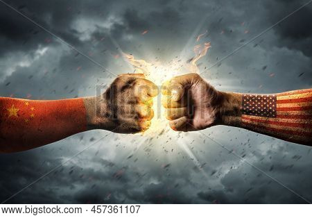 Close Up Clash Of Two Fists. Conflict Concept