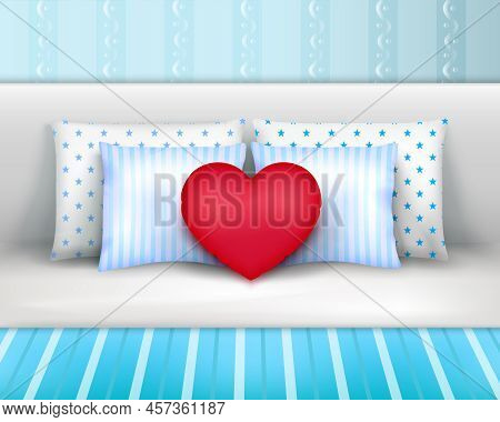 Pillows Set On Bed By Headboard Realistic Composition With Striped Bedlinnen And Heart Shaped Cushio