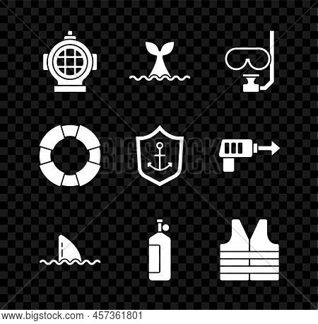 Set Aqualung, Whale Tail In Ocean Wave, Diving Mask And Snorkel, Shark Fin, Life Jacket, Lifebuoy An