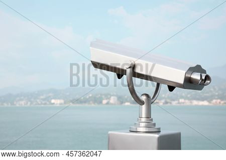 Metal Tower Viewer Installed Near Sea, Space For Text. Mounted Binoculars