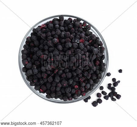 Freeze Dried Blueberries In Bowl On White Background, Top View