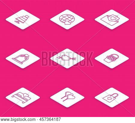 Set Line Wedding Cake With Heart, The World Love, Envelope Valentine, Arch, Amour Symbol And Arrow, 