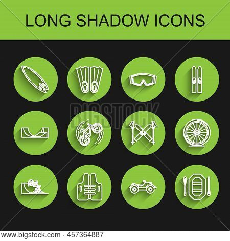 Set Line Bicycle On Street Ramp, Life Jacket, Surfboard, All Terrain Vehicle Or Atv Motorcycle, Raft